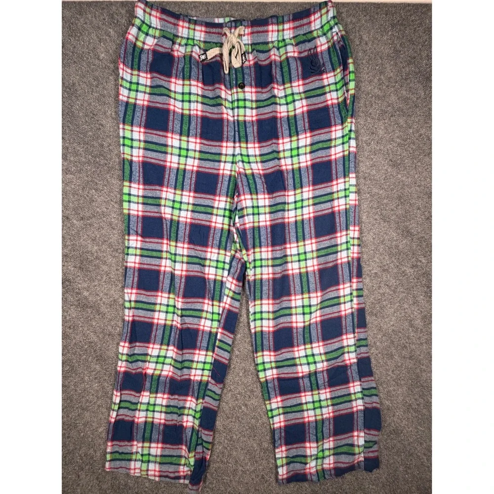Psycho Bunny Mens Large Plaid Pajama Pants Navy Blue Green Cotton Rayon 0616